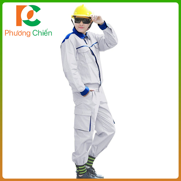 Quần áo bảo hộ lao động công nhân kỹ thuật- Ghi sáng phối cổ xanh dương